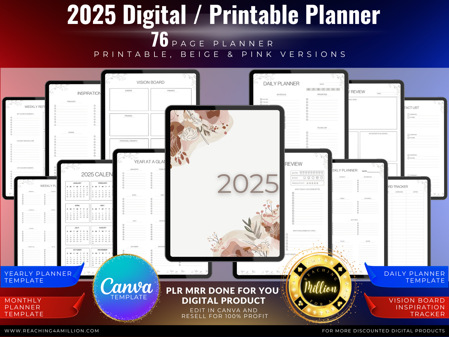 0001 - 2025 Digital Planner - PLR Done-for-You, All-in-One Digital Planner 2025, Printable, Canva Template, Monthly, Weekly, Daily Planner, Beige, Pink, Black & White PDF