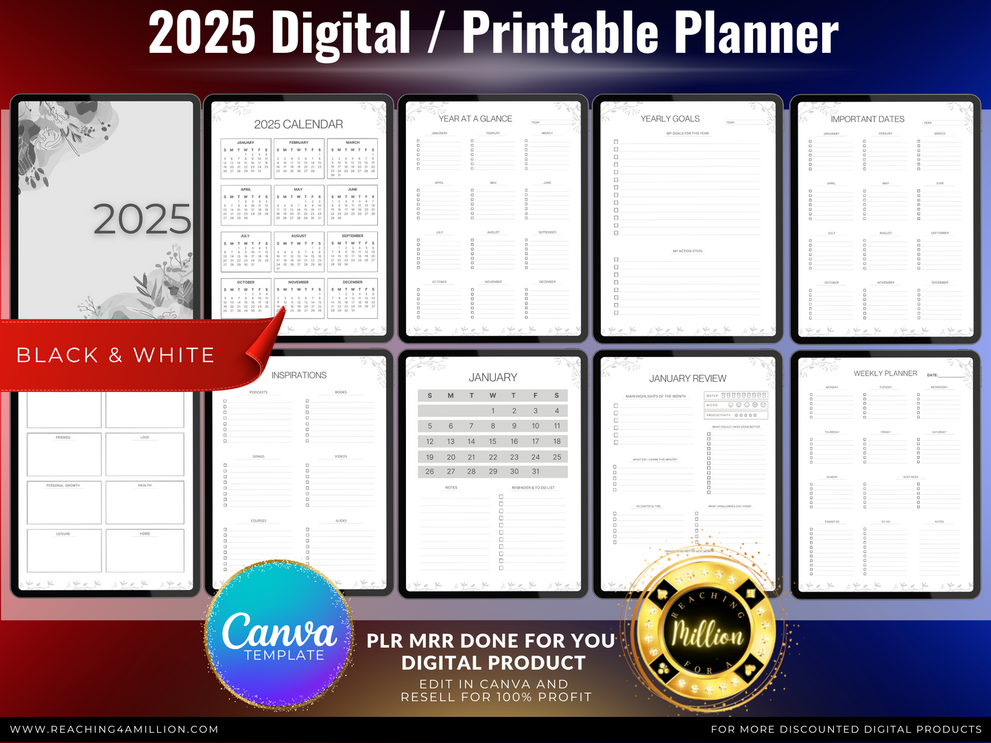 0001 - 2025 Digital Planner - PLR Done-for-You, All-in-One Digital Planner 2025, Printable, Canva Template, Monthly, Weekly, Daily Planner, Beige, Pink, Black & White PDF