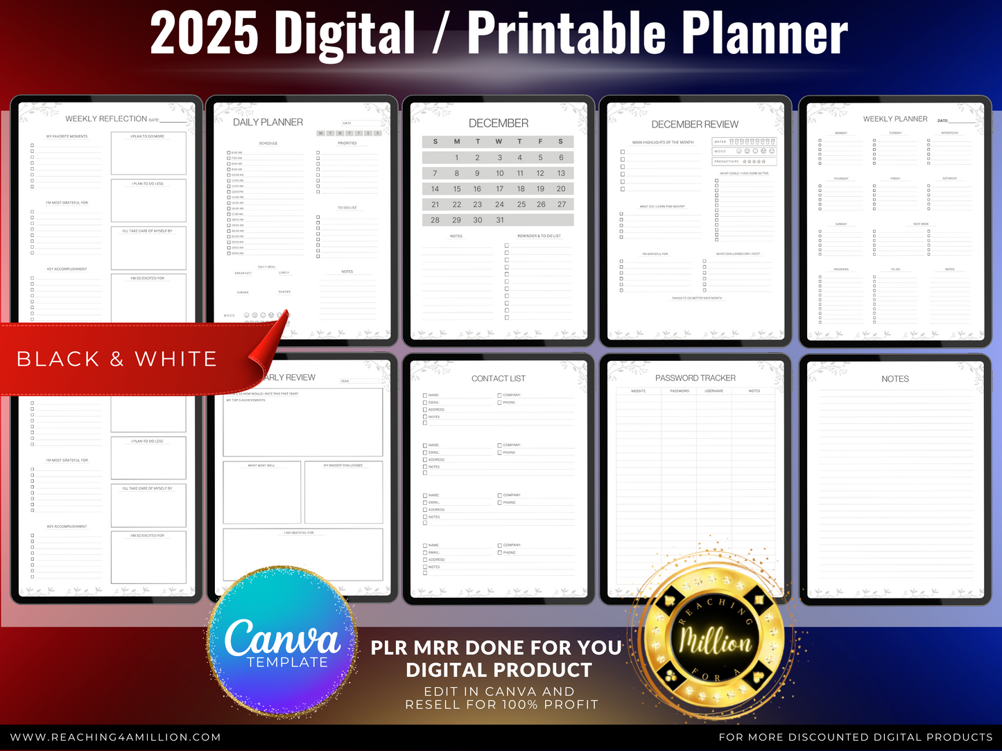 0001 - 2025 Digital Planner - PLR Done-for-You, All-in-One Digital Planner 2025, Printable, Canva Template, Monthly, Weekly, Daily Planner, Beige, Pink, Black & White PDF