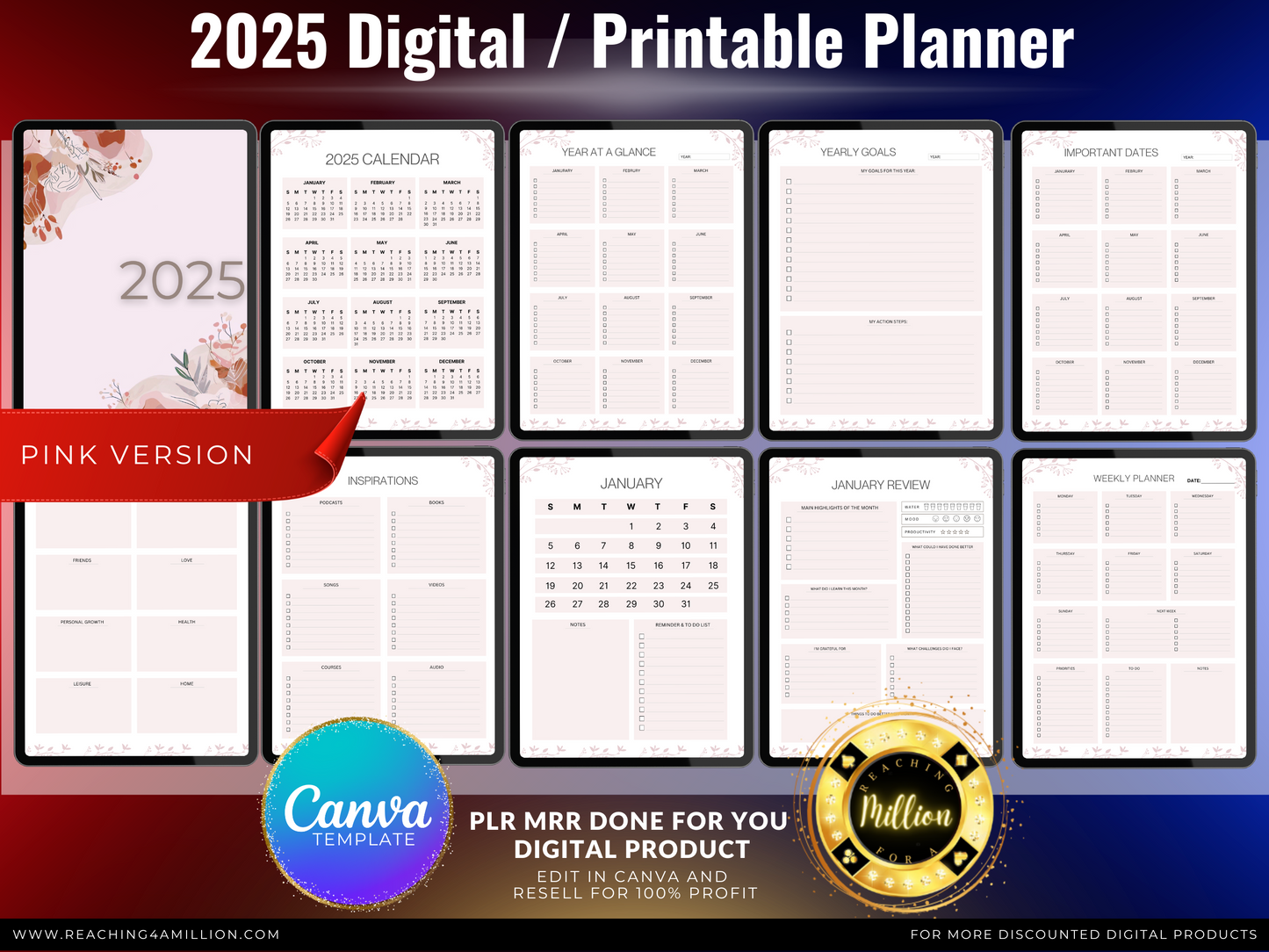 0001 - 2025 Digital Planner - PLR Done-for-You, All-in-One Digital Planner 2025, Printable, Canva Template, Monthly, Weekly, Daily Planner, Beige, Pink, Black & White PDF