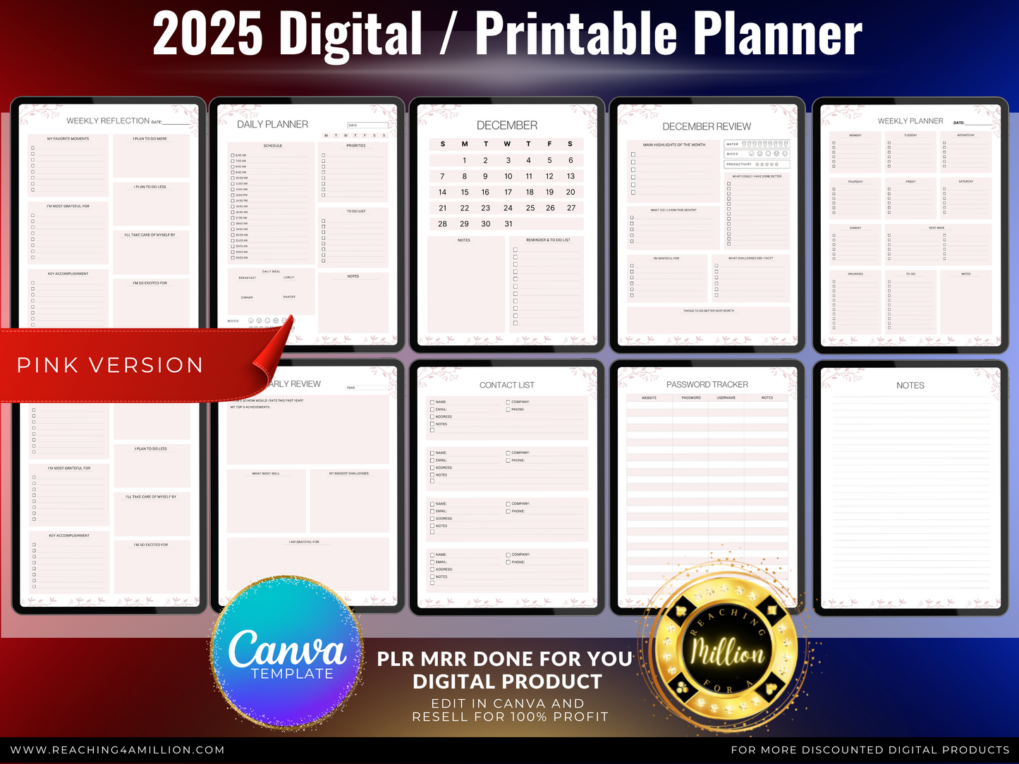 0001 - 2025 Digital Planner - PLR Done-for-You, All-in-One Digital Planner 2025, Printable, Canva Template, Monthly, Weekly, Daily Planner, Beige, Pink, Black & White PDF