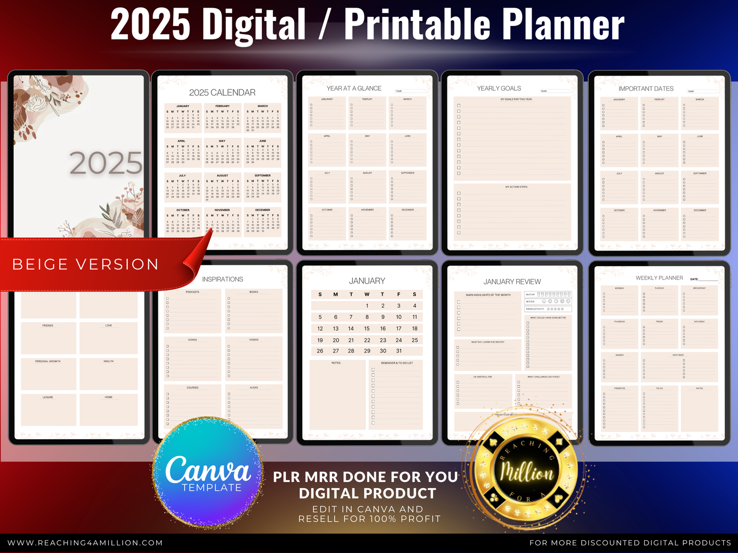 0001 - 2025 Digital Planner - PLR Done-for-You, All-in-One Digital Planner 2025, Printable, Canva Template, Monthly, Weekly, Daily Planner, Beige, Pink, Black & White PDF