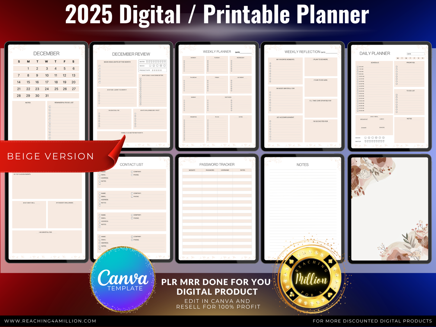 0001 - 2025 Digital Planner - PLR Done-for-You, All-in-One Digital Planner 2025, Printable, Canva Template, Monthly, Weekly, Daily Planner, Beige, Pink, Black & White PDF