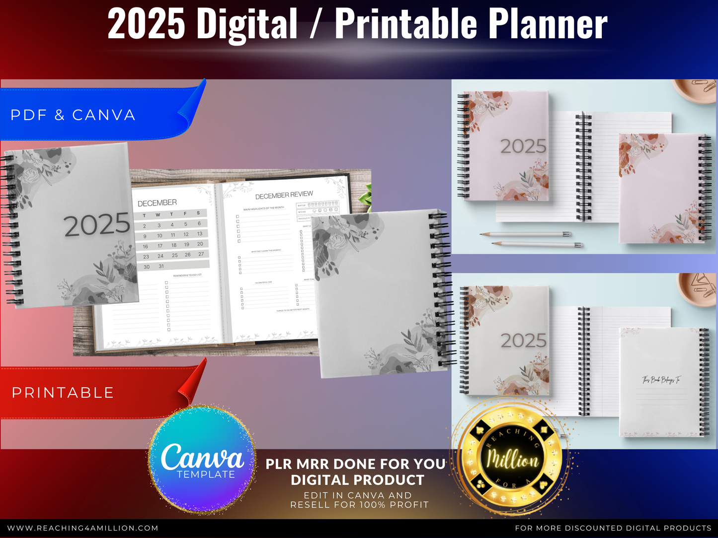 0001 - 2025 Digital Planner - PLR Done-for-You, All-in-One Digital Planner 2025, Printable, Canva Template, Monthly, Weekly, Daily Planner, Beige, Pink, Black & White PDF